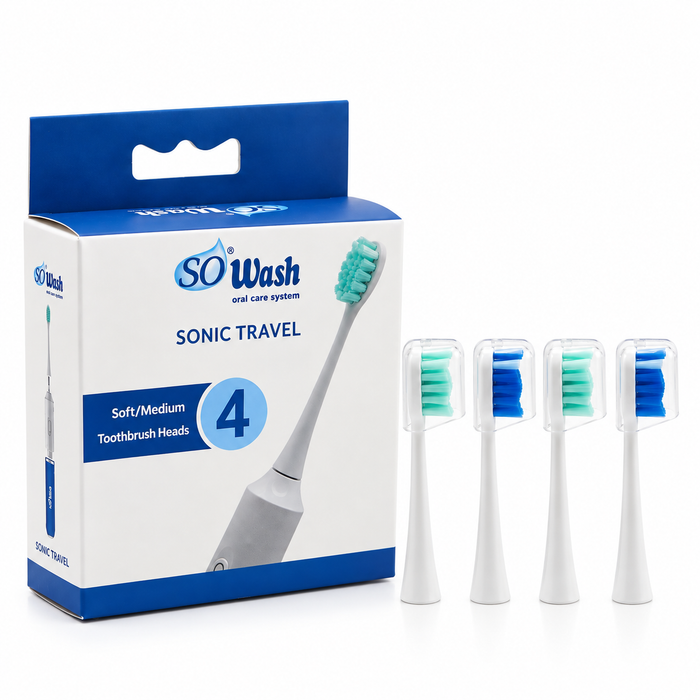 Ersatzbürstenköpfe für die SoWash Sonic Reisezahnbürste | 4 Bürstenköpfe mit Schutzkappen | Mittlere Borsten