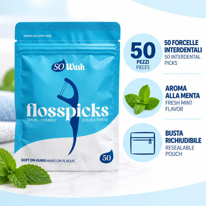 SoWash Flosspicks | Forcelle Interdentali | Doppio Filo | Aroma Menta | Busta da 50pz Richiudibile