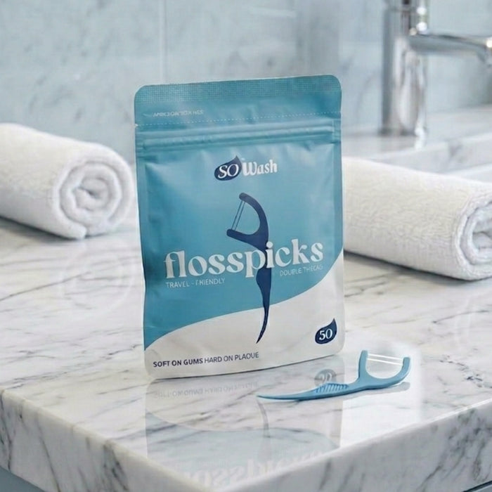 SoWash Flosspicks | Forcelle Interdentali | Doppio Filo | Aroma Menta | Busta da 50pz Richiudibile