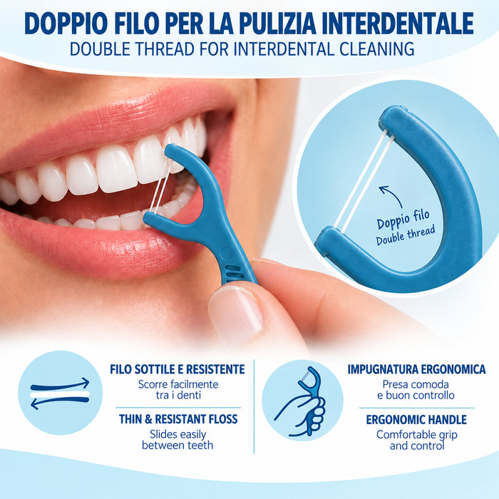 SoWash Flosspicks | Forcelle Interdentali | Doppio Filo | Aroma Menta | Busta da 50pz Richiudibile