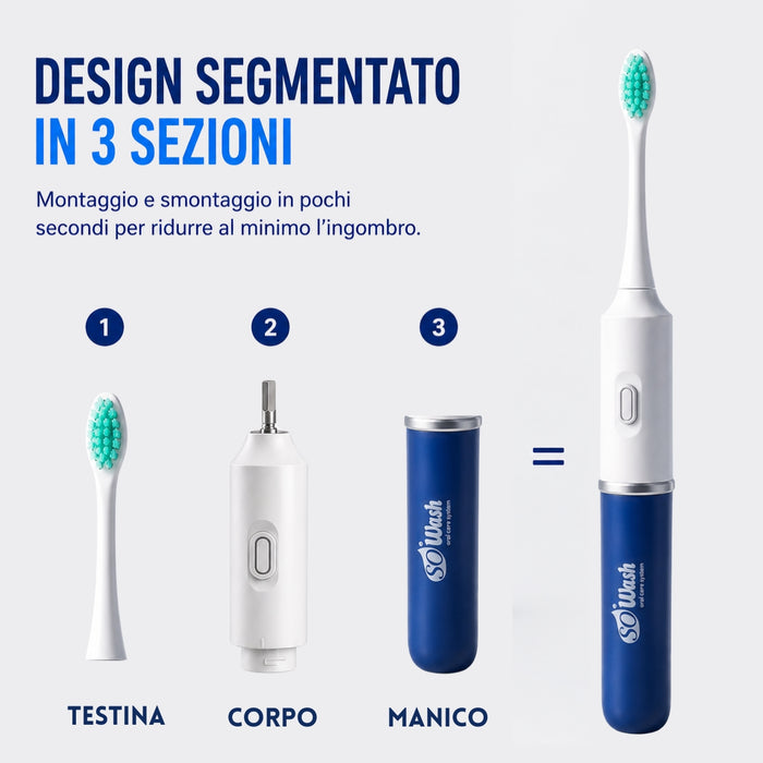 Spazzolino Elettrico Sonico | SoWash Sonic Travel | Spazzolino con Vera Tecnologia Sonica | 2 Testine Spazzolino | 5 Modalità | Ricarica fino 30 giorni | Fino a 41.000 Vibrazioni al minuto